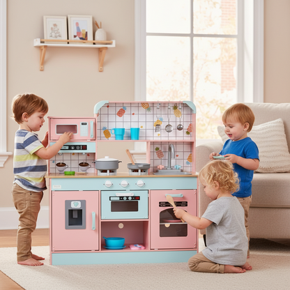 Children playing with a colorful toy kitchen set in a living room.