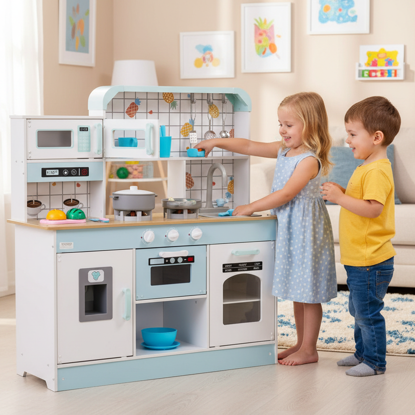 LittleChef™ Kids Kitchen Playset by Little Play World with colorful pretend stove, sink, and utensils for imaginative cooking play.