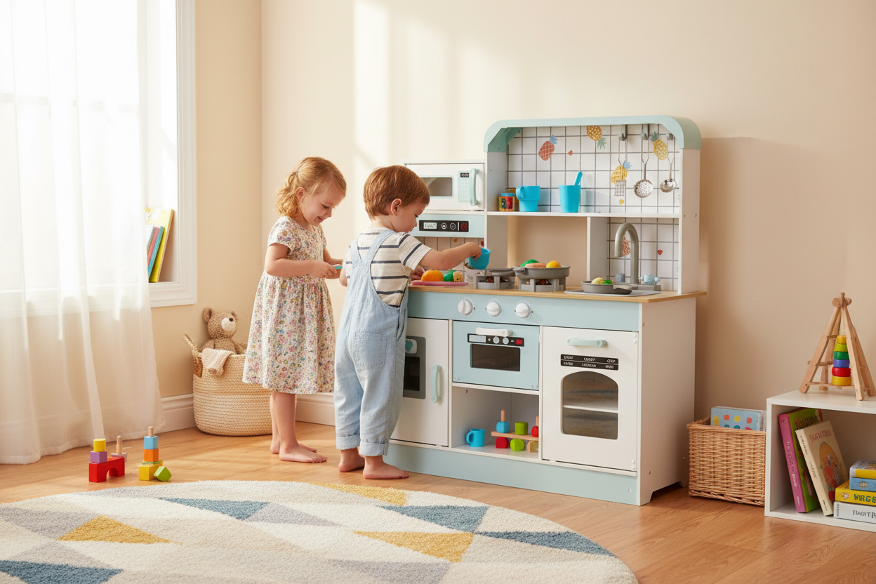 LittleChef™ Kids Kitchen Playset by Little Play World with colorful pretend stove, sink, and utensils for imaginative cooking play.