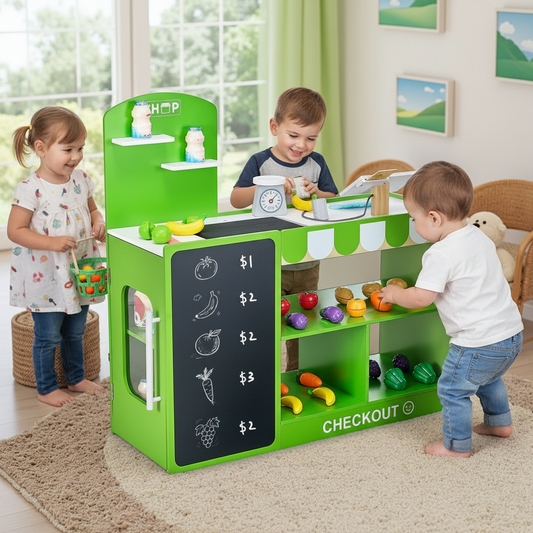 Children playing with a toy checkout stand in a bright room.
