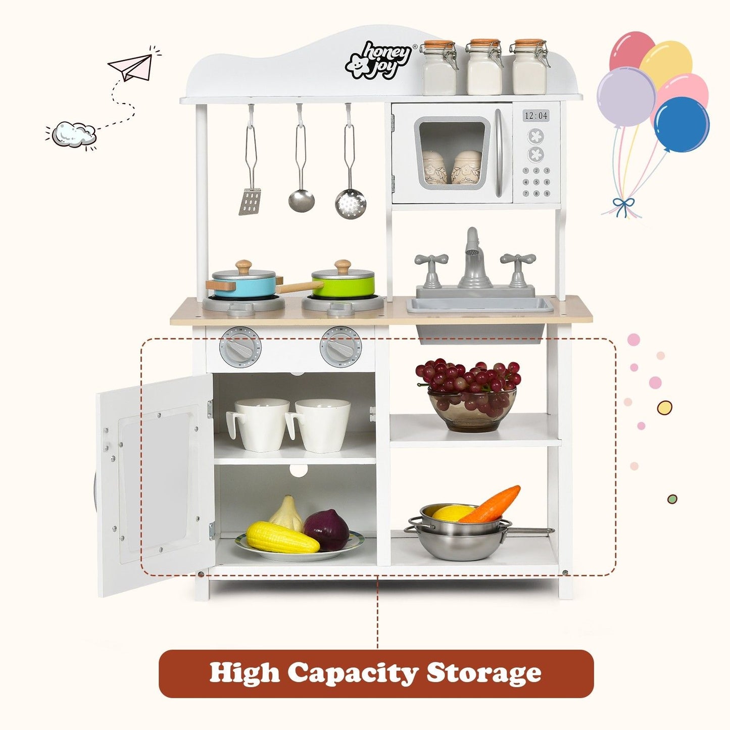 Little Play World Mini Chef wooden kids play kitchen with accessories, featuring stove, sink, and pretend cooking utensils.
