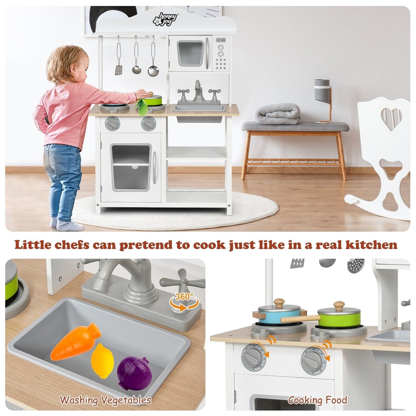 Wooden kids play kitchen by Little Play World with pretend stove, sink, and accessories for imaginative pretend cooking.