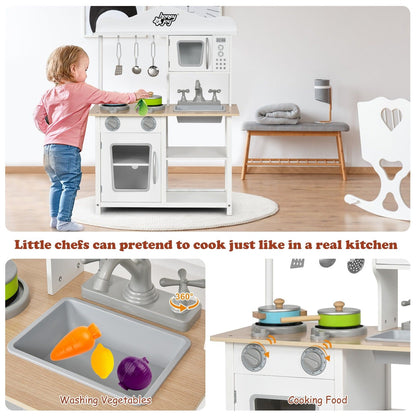 Wooden kids play kitchen by Little Play World with pretend stove, sink, and accessories for imaginative pretend cooking.
