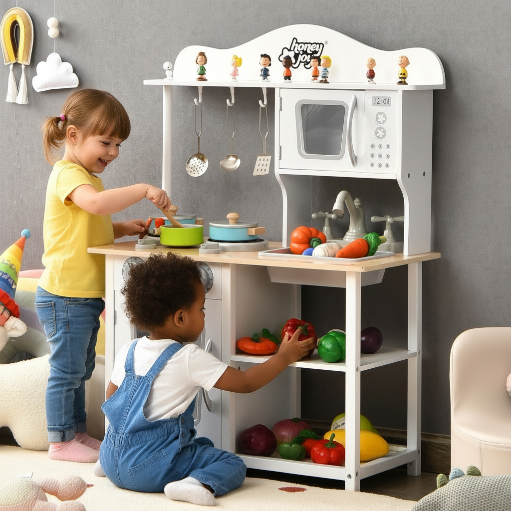Little Play World Mini Chef wooden kids' play kitchen with accessories for pretend cooking and imaginative play.