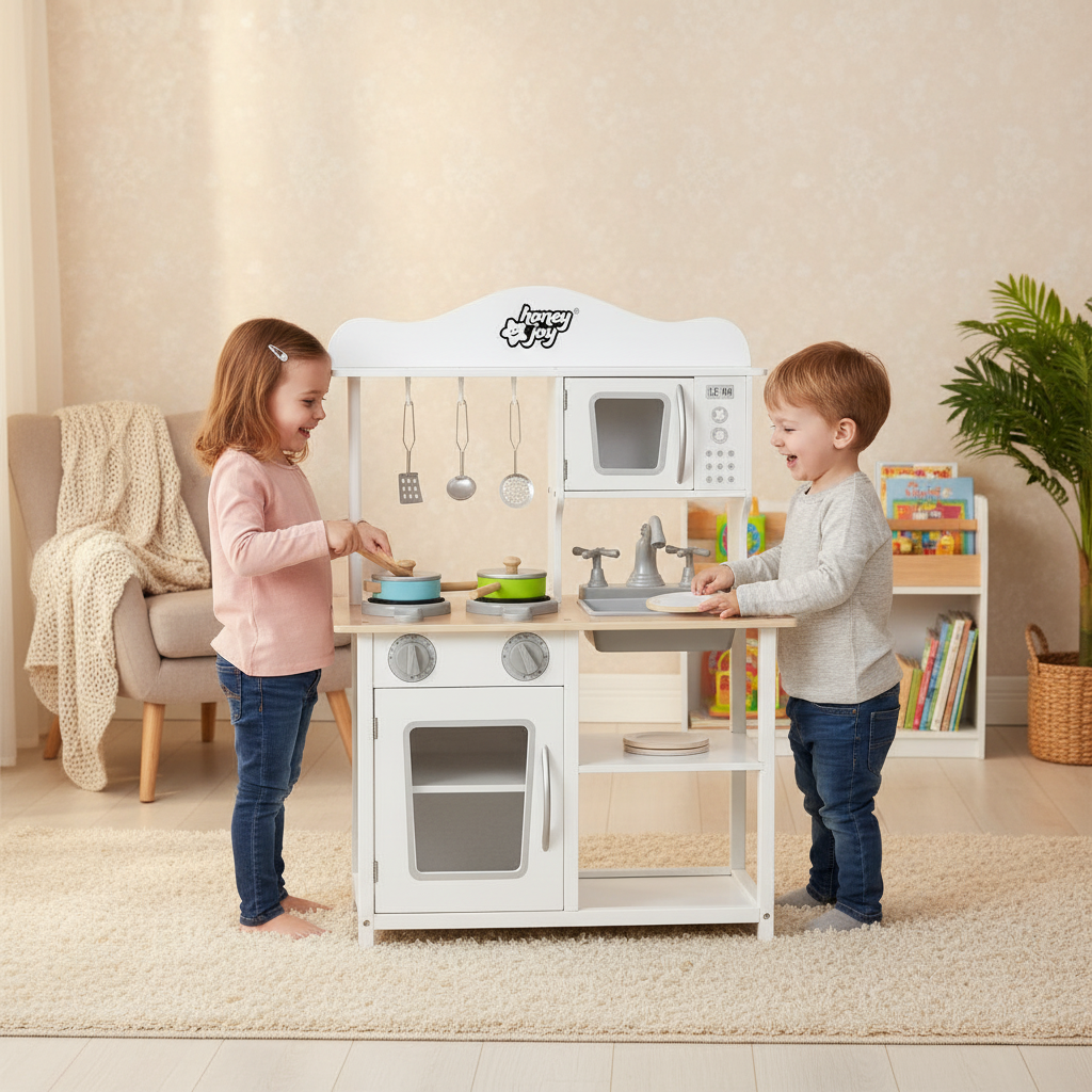 Wooden kids play kitchen by Little Play World with pretend cooking accessories, featuring stove, sink, and storage for imaginative play.