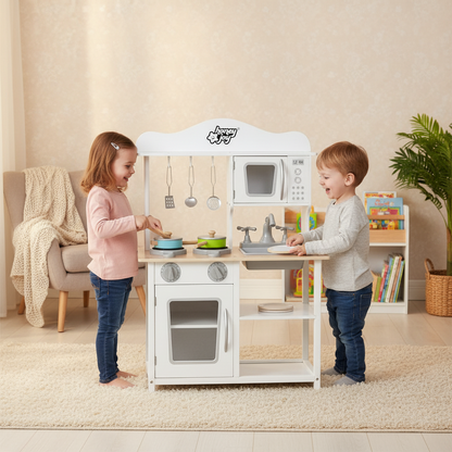 Wooden kids play kitchen by Little Play World with pretend cooking accessories, featuring stove, sink, and storage for imaginative play.