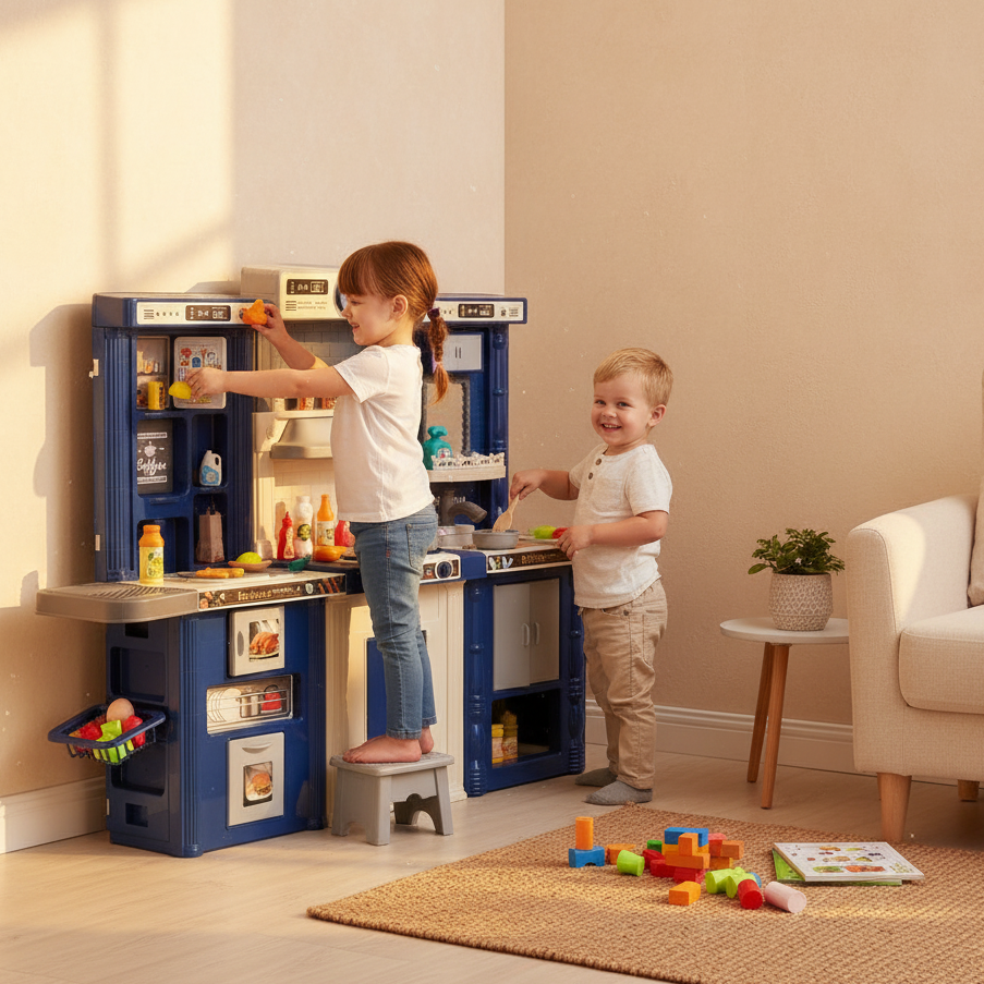 Two children playing with a toy kitchen set in a living room.