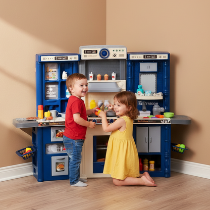 Two children playing with a toy kitchen set in a room with beige walls and wooden floor.