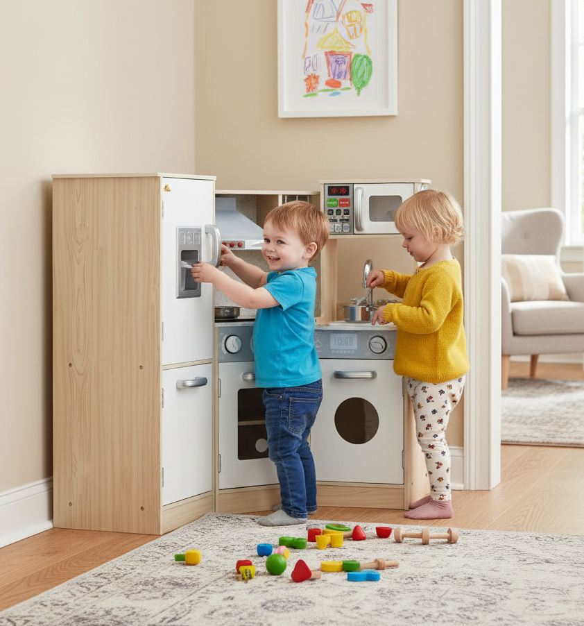 Two children playing with a toy kitchen set in a room with a rug and furniture.