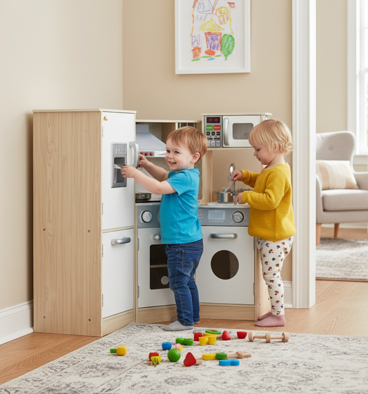 Two children playing with a toy kitchen set in a room with a rug and furniture.