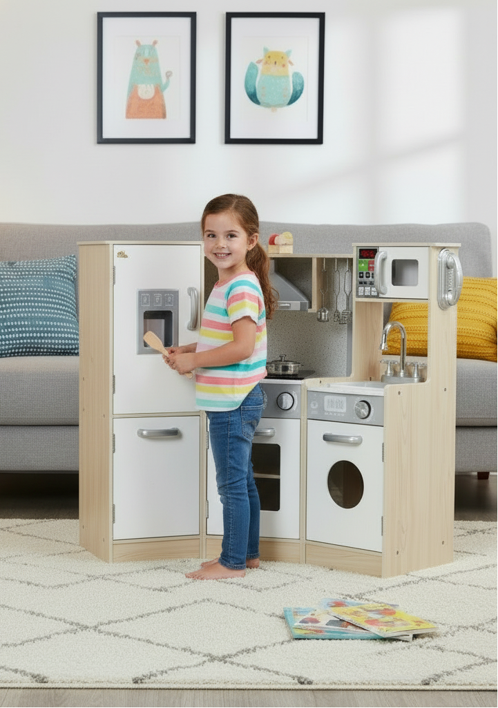 Child playing with a toy kitchen set in a living room.