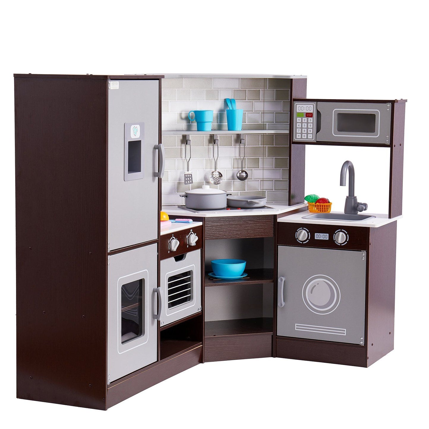 Little Play World wooden kids play kitchen with lights, sounds, and a 24-piece cookware set in brown, perfect for imaginative play.