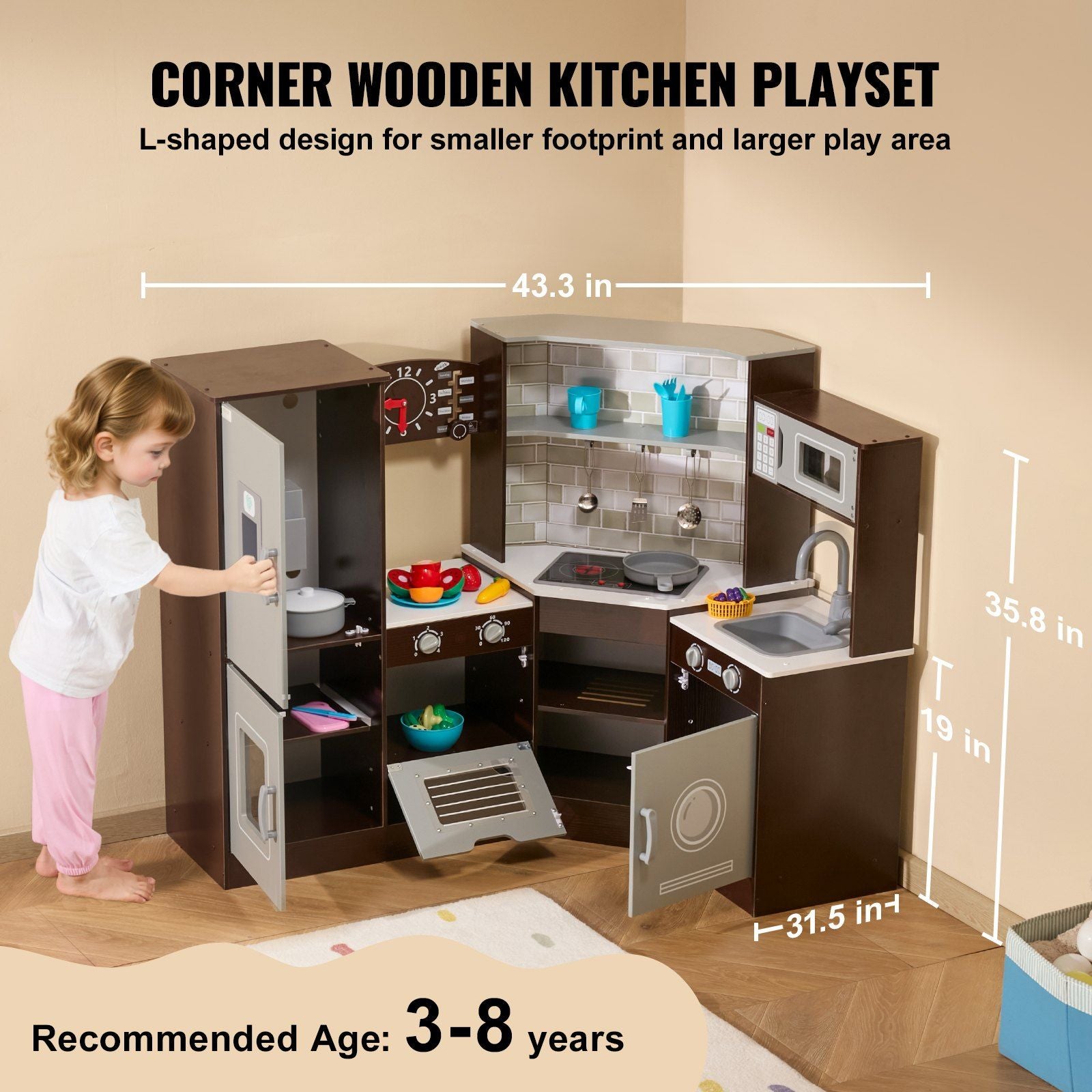 Wooden corner kids play kitchen by Little Play World with lights, sounds, and a 24-piece cookware set in brown.
