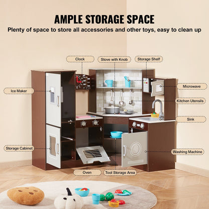 Little Play World wooden corner kids play kitchen with lights, sounds, and a 24-piece cookware set in brown, perfect for imaginative play.