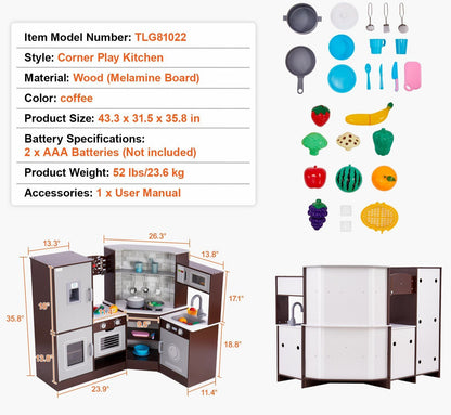 Little Play World wooden kids play kitchen with lights, sounds, and 24-piece cookware set in brown for imaginative play