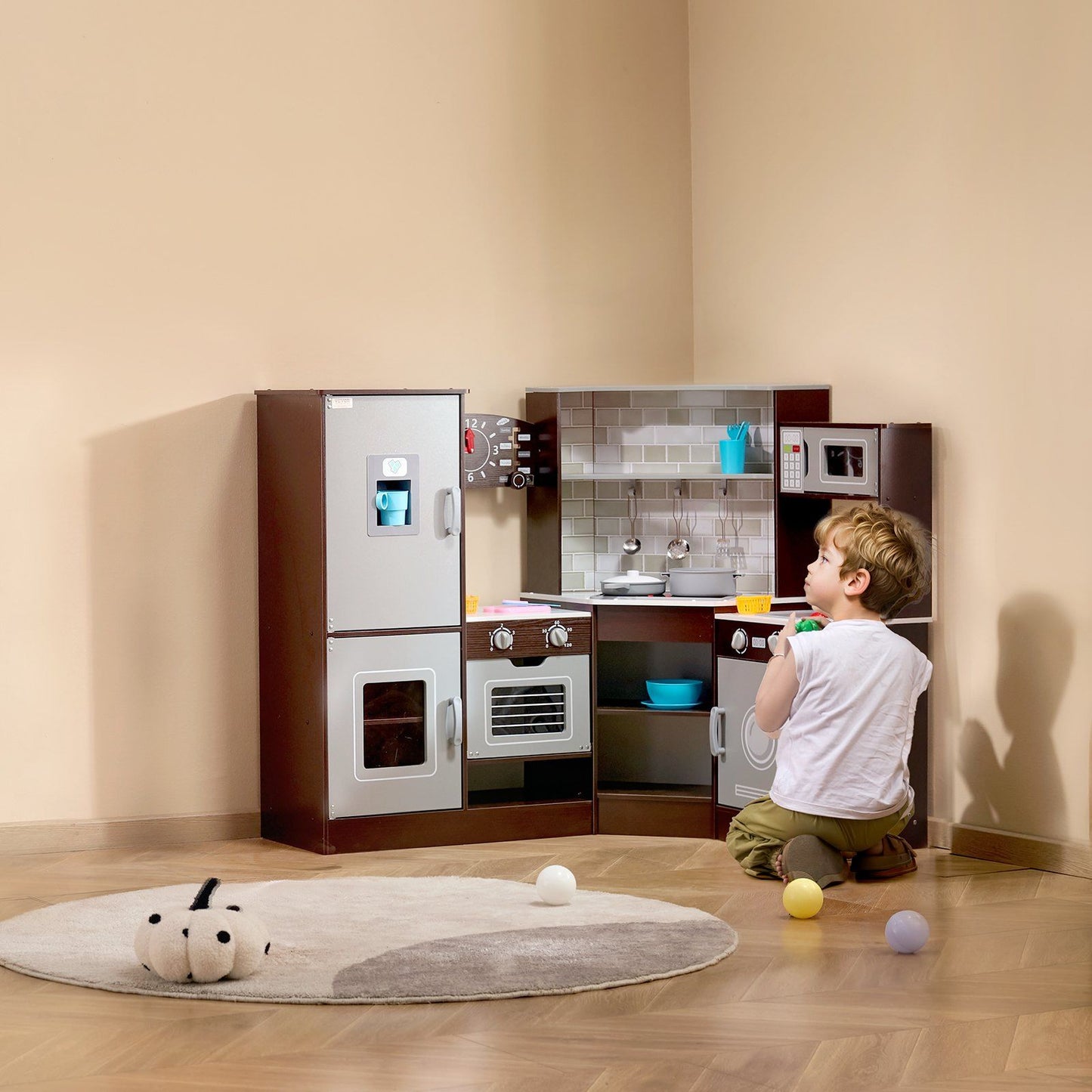 Little Play World wooden kids play kitchen with lights, sounds, and 24-piece cookware set in brown, realistic and child-friendly design.