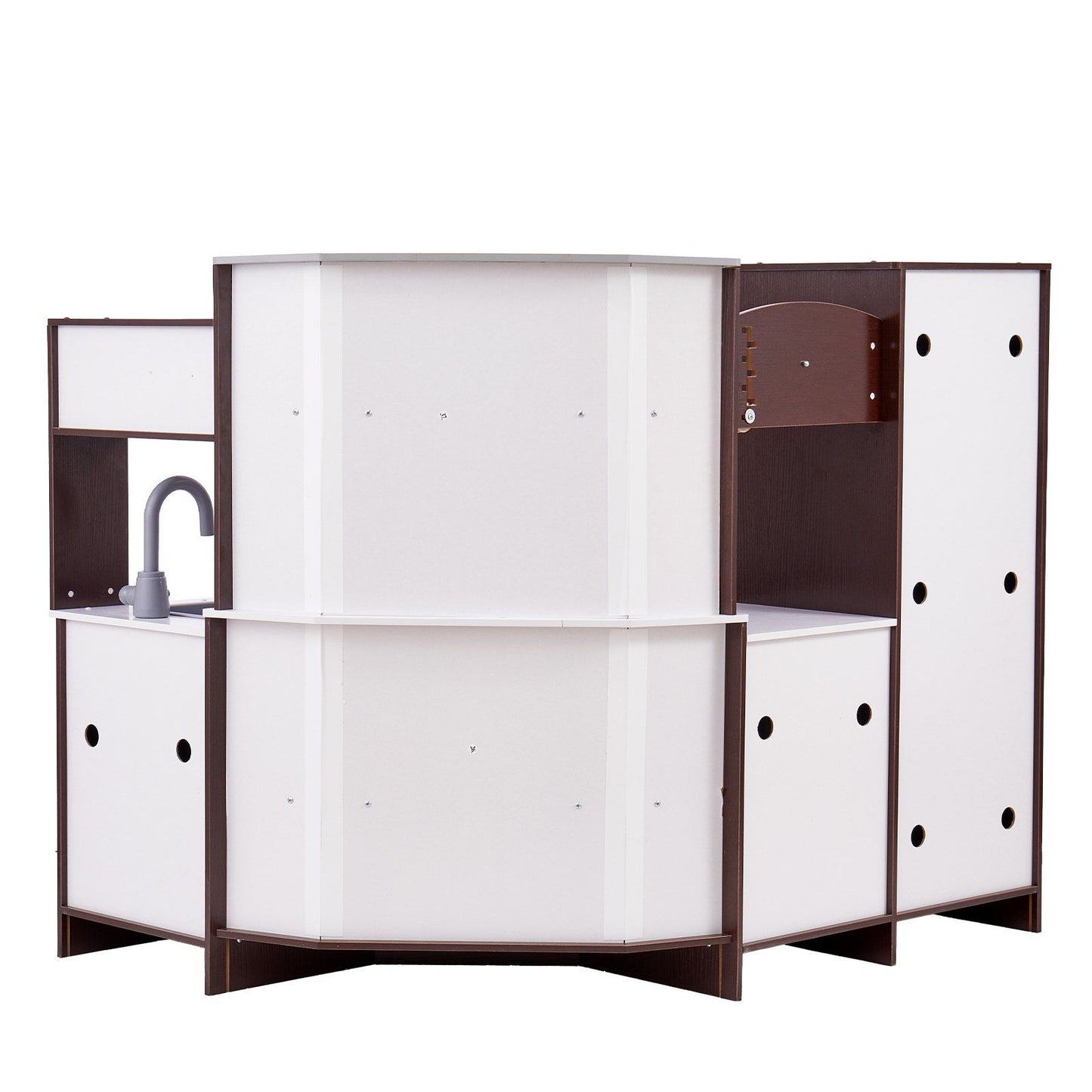 Wooden corner kids play kitchen by Little Play World with lights, sounds, and a 24-piece cookware set in brown.