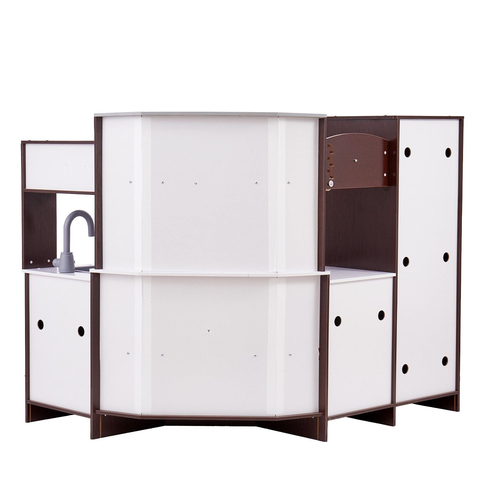 Wooden corner kids play kitchen by Little Play World with lights, sounds, and a 24-piece cookware set in brown.