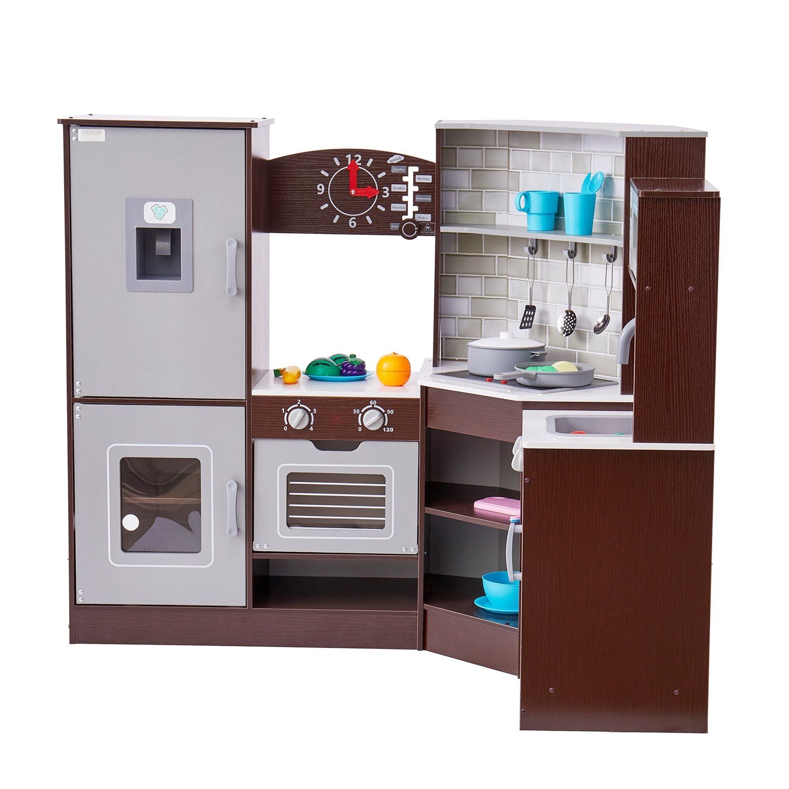 Little Play World wooden corner kids play kitchen with lights, sounds, and 24-piece cookware set in brown, designed for imaginative play.