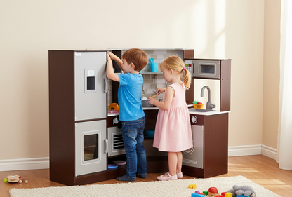 Kids play kitchen by Little Play World with wooden corner design, lights, sounds, and a 24-piece cookware set in brown.
