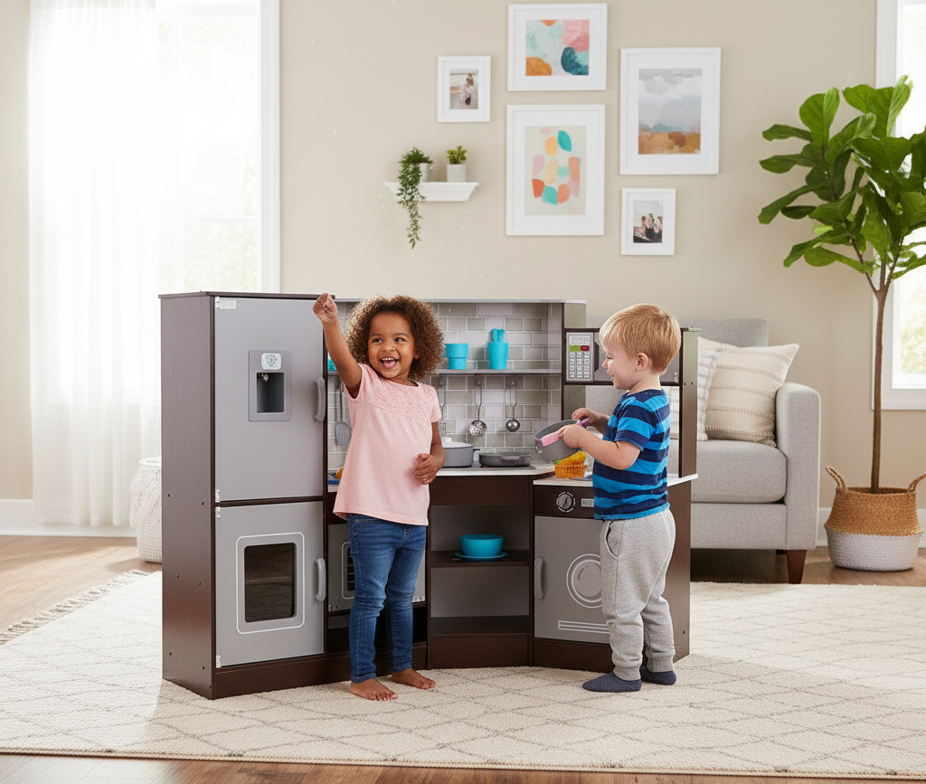Wooden corner kids play kitchen by Little Play World with lights, sounds, and 24-piece cookware set in brown.