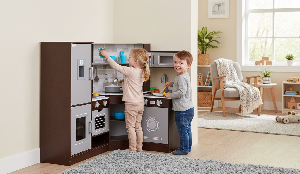 Kids play kitchen by Little Play World featuring wooden corner design with lights, sounds, and a 24-piece cookware set in brown.