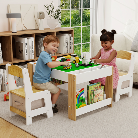 Little Play World kids activity table and chair set with building block-compatible surface for arts and crafts in a playroom.