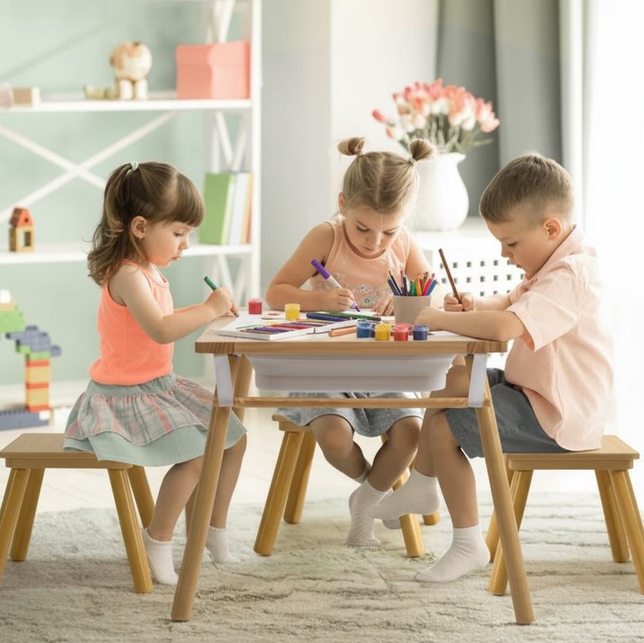 Kids arts and crafts table set with two stools, storage cubbies, and mid-century modern design by Little Play World.