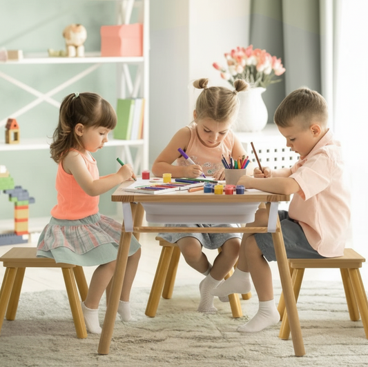 Kids Arts & Crafts Table Set with Storage Cubbies and Two Stools