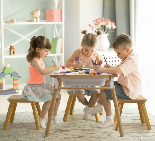 Three children sitting at a wooden table with art supplies in a bright room.