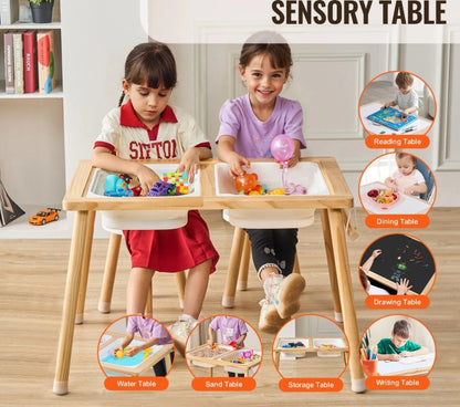 Kids Arts & Crafts Table Set with storage cubbies and two stools from Little Play World, featuring a colorful kids table and chairs.