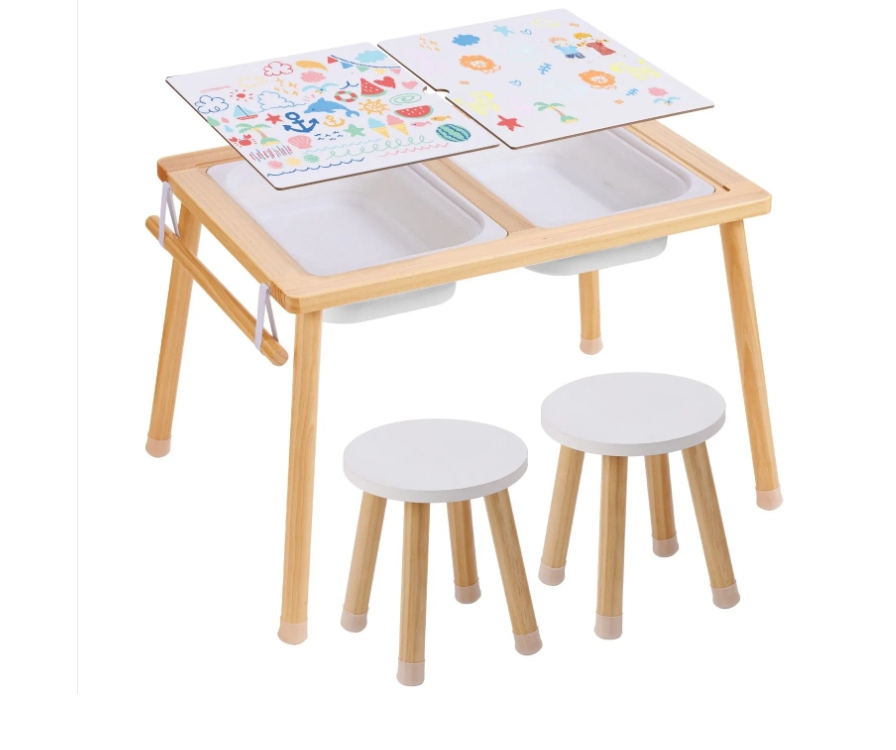 Kids arts and crafts table set with storage cubbies and two stools by Little Play World, ideal for creative play and activities.