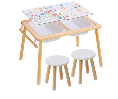 Kids arts and crafts table set with storage cubbies and two stools by Little Play World, ideal for creative play and activities.