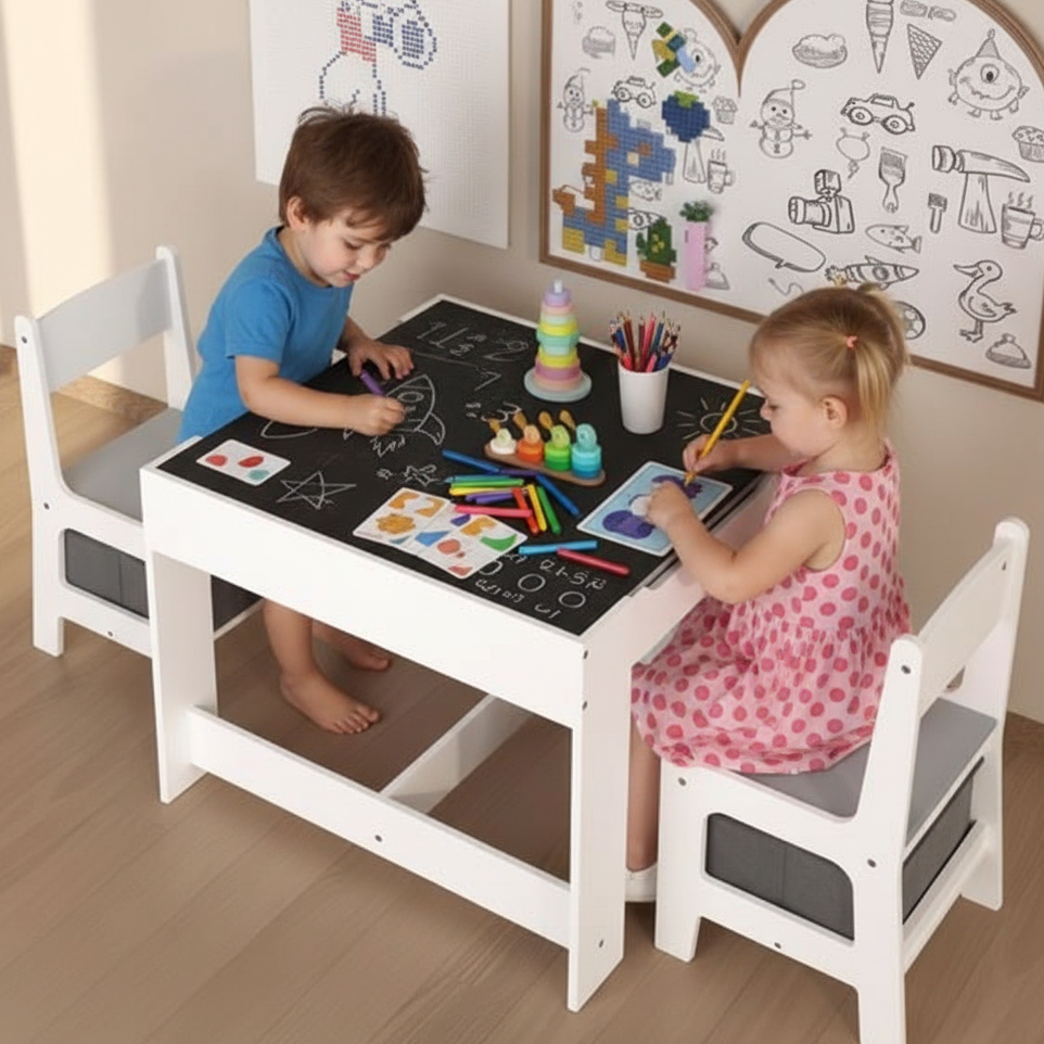 Two children sitting at a white table with a blackboard surface, drawing and playing.