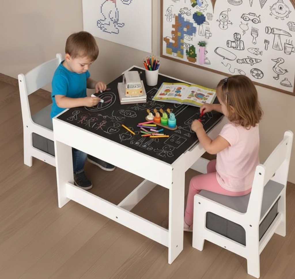 Children using a multi-functional table with blackboard surface, chairs, and art supplies.