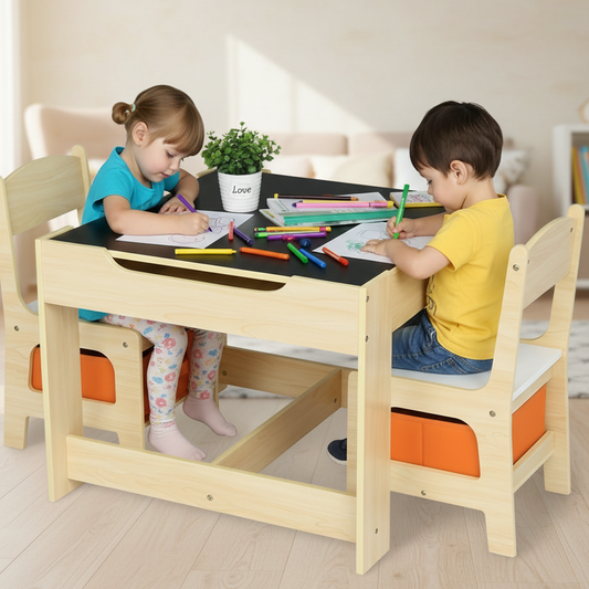 Little Play World Kids Activity Table and Chair Set with whiteboard and storage, ideal for play, learning, and drawing.