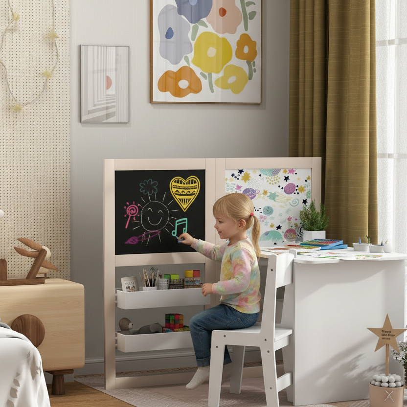 Little Genius™ kids art table and chair set with foldable design, whiteboard, chalkboard, paper roll, and storage shelves by Little Play World