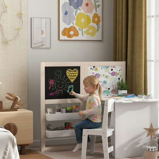 Little Genius™ kids art table and chair set with foldable design, whiteboard, chalkboard, paper roll, and storage shelves by Little Play World