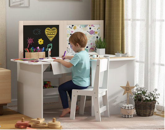 Child sitting at a desk with art supplies in a bright room