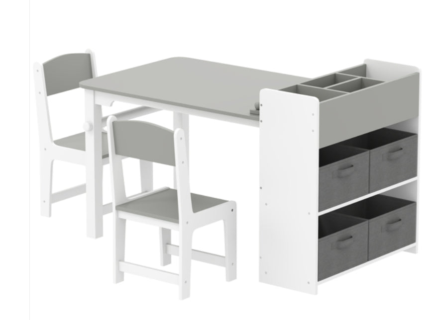 Children's table and chairs set with storage bins on a white background