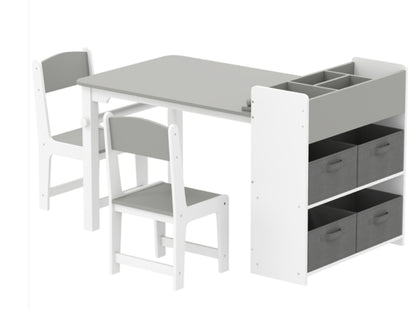 Children's table and chairs set with storage bins on a white background