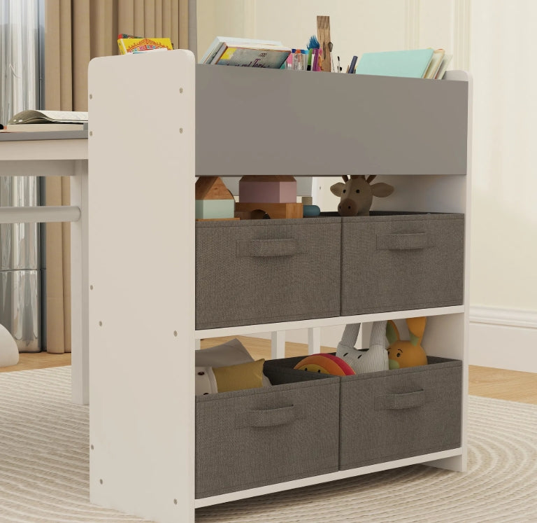 Children's storage unit with gray bins and toys in a room setting.