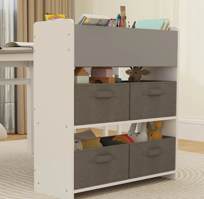 Children's storage unit with gray bins and toys in a room setting.