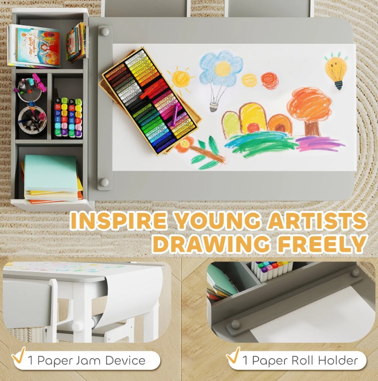 Art easel with drawing supplies and a child's artwork on a wooden surface.