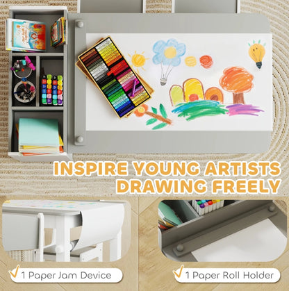 Art easel with drawing supplies and a child's artwork on a wooden surface.