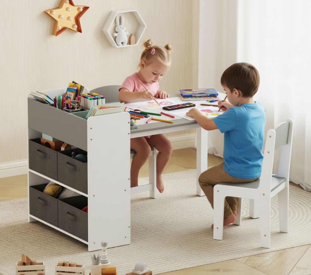 Two children sitting at a white table with storage drawers, drawing and playing.