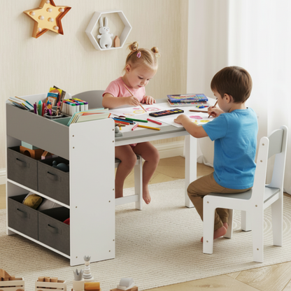 LittlePlayWorld kids activity desk and chair set with paper roll, storage shelves, and drawers for creative play.