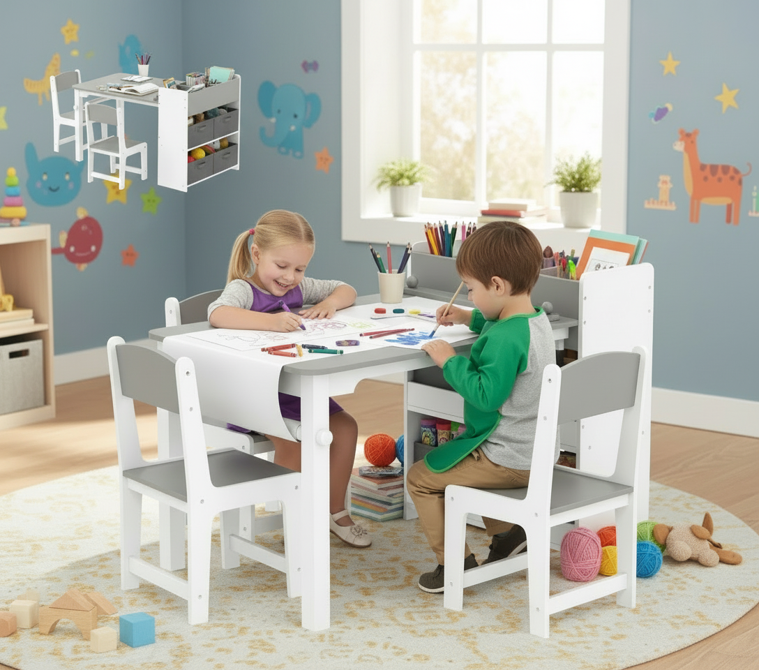 Children sitting at a table with chairs in a colorful children's room.