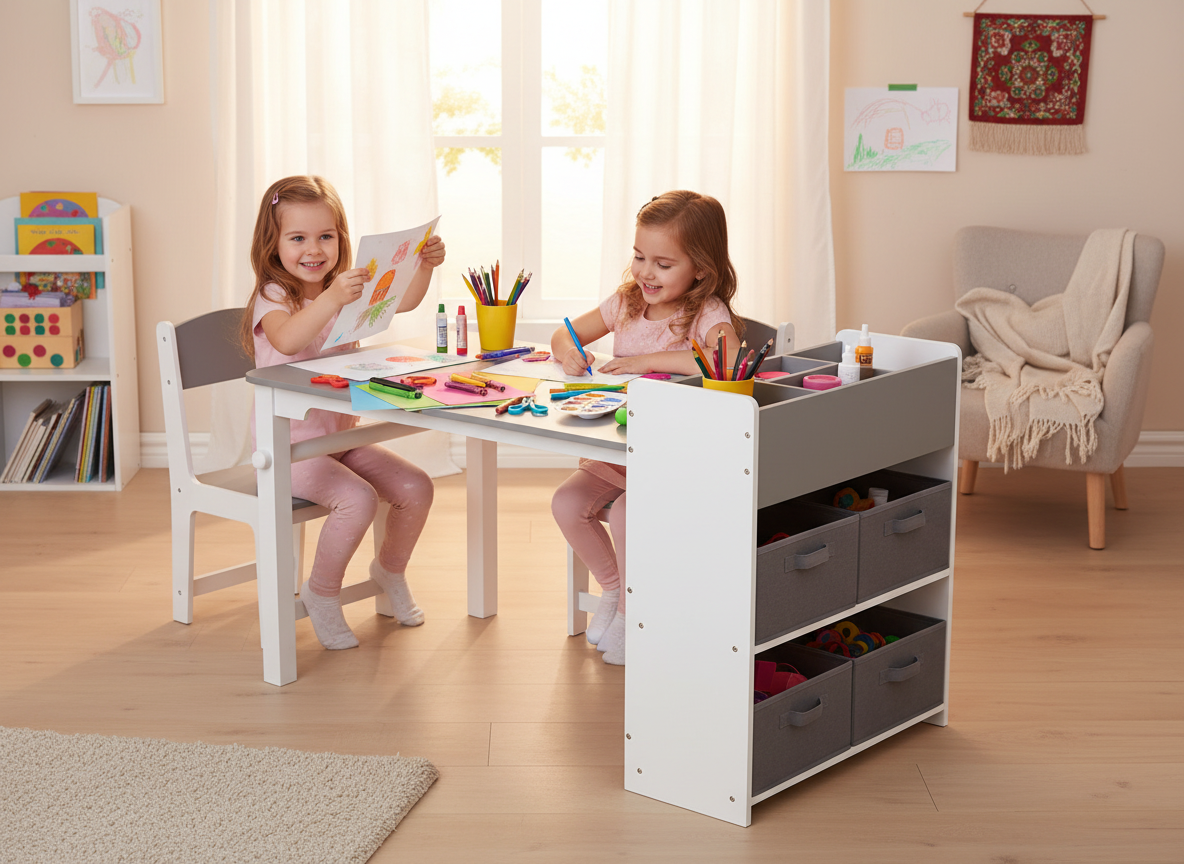 Two children sitting at a white and gray art table with storage drawers in a room with a bookshelf and chair.