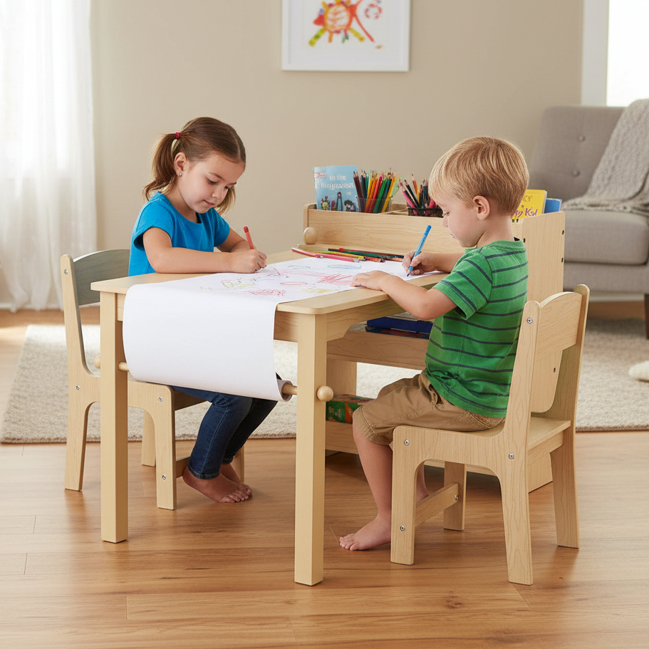 Two children sitting at a wooden table with art supplies, drawing on paper.